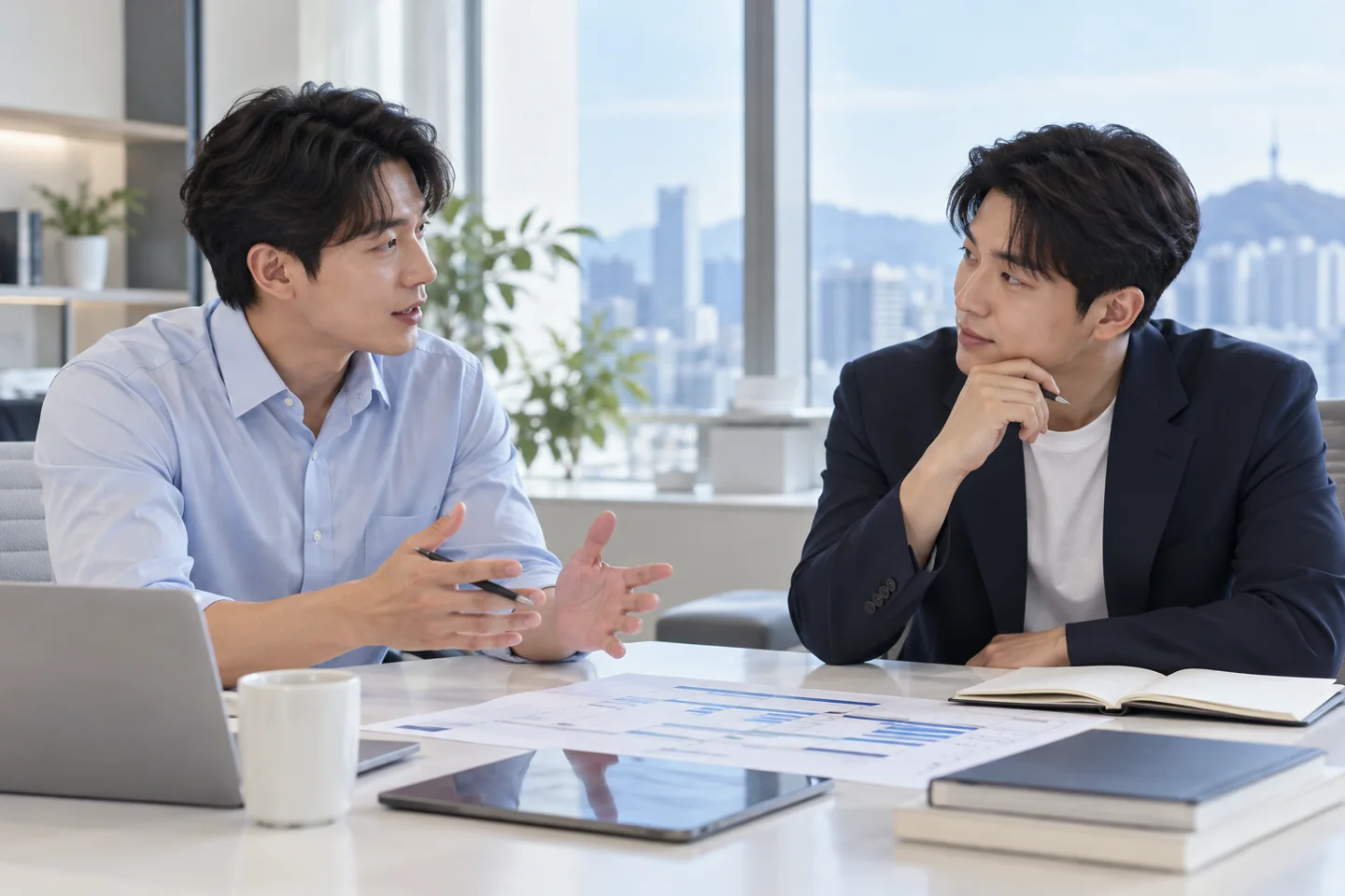 업무 일정에 대해 차분히 대화하는 성인 남성 두 명의 연출 이미지