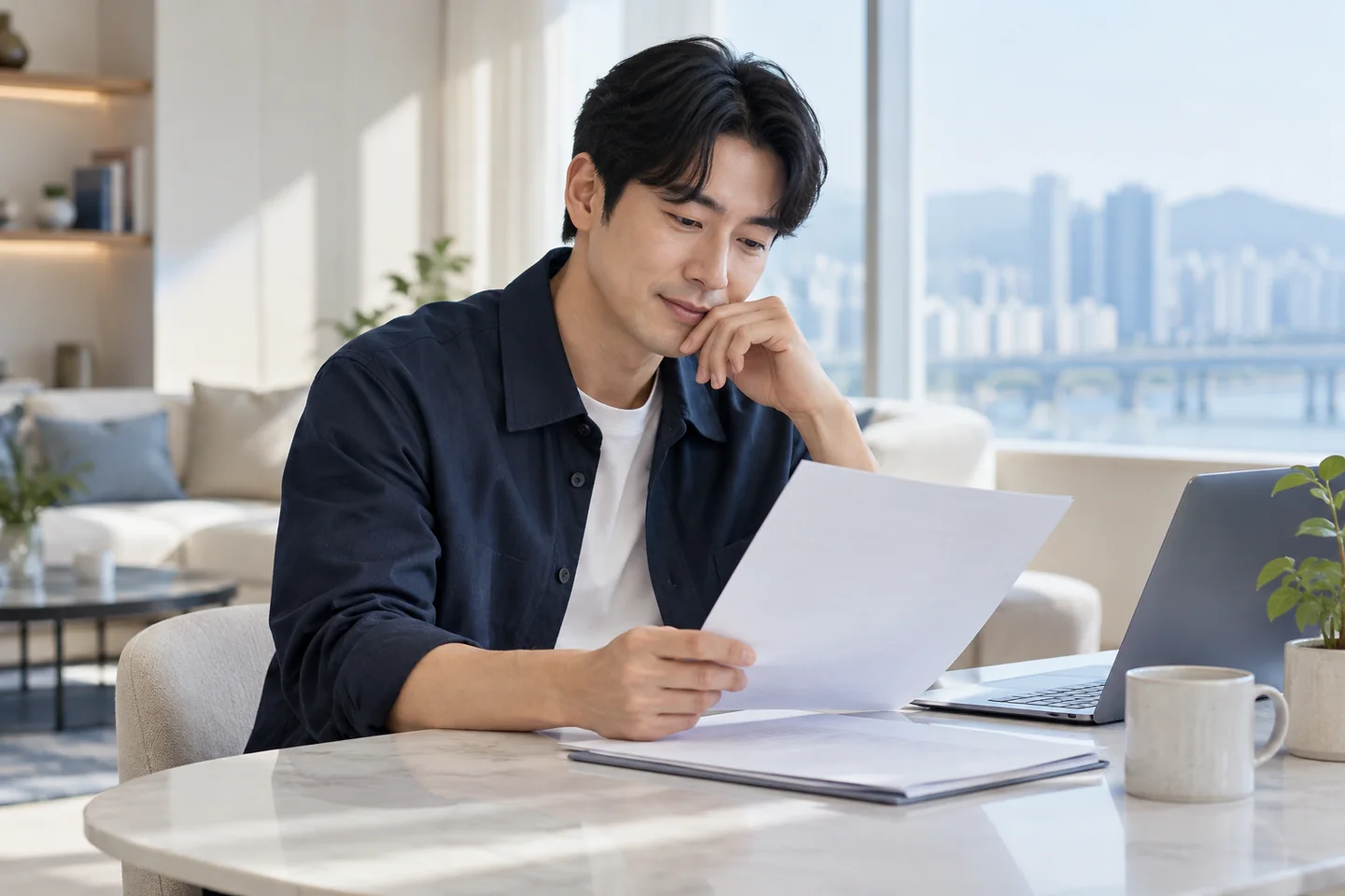 밝은 공간에서 업무 안내 자료를 읽는 성인 남성의 연출 이미지